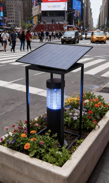 城市街道外的花糟中裝上MP5太陽能滅蚊燈